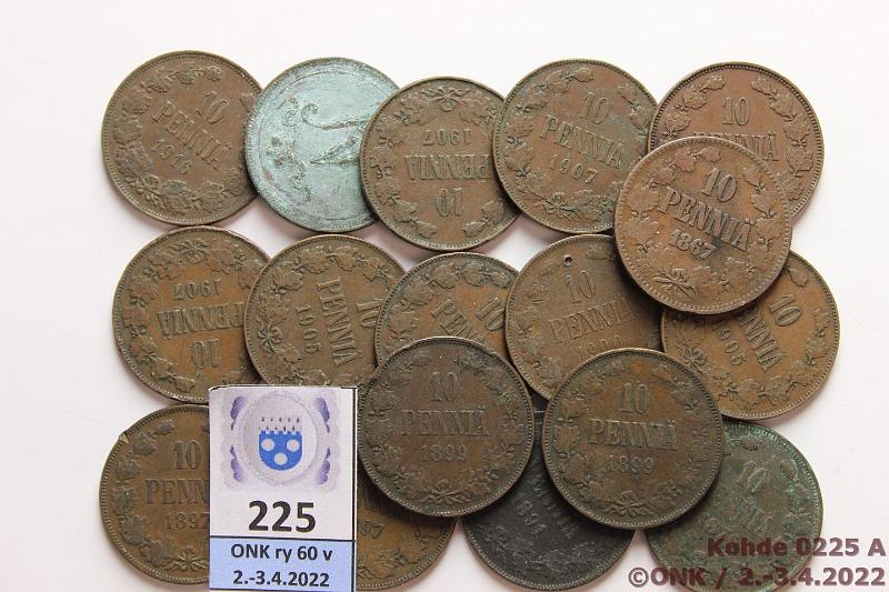 k-0225-a.jpg - Kohde 225, lhthinta: 10 € / ei tarjouksia 10 p 1867-1916 (17) 1867, -76, -91, -97(2), -99(2), 1900, -05(3), -07(3), -14, -16(2). Osassa vikoja, kunto: 2-4