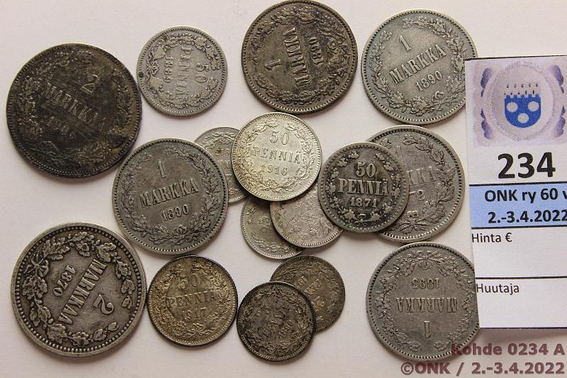 k-0234-a.jpg - Kohde 234, lhthinta: 45 € / myyntihinta: 50 € 25 p - 2 mk 1890-1917 (16) 25p 1890, -99, 1913(2), -17II; 50p 1871, -89, 1916, -17II; 1mk 1872, -90(3), -93; 2mk 1870, 1906 nja, kunto: 3-8
