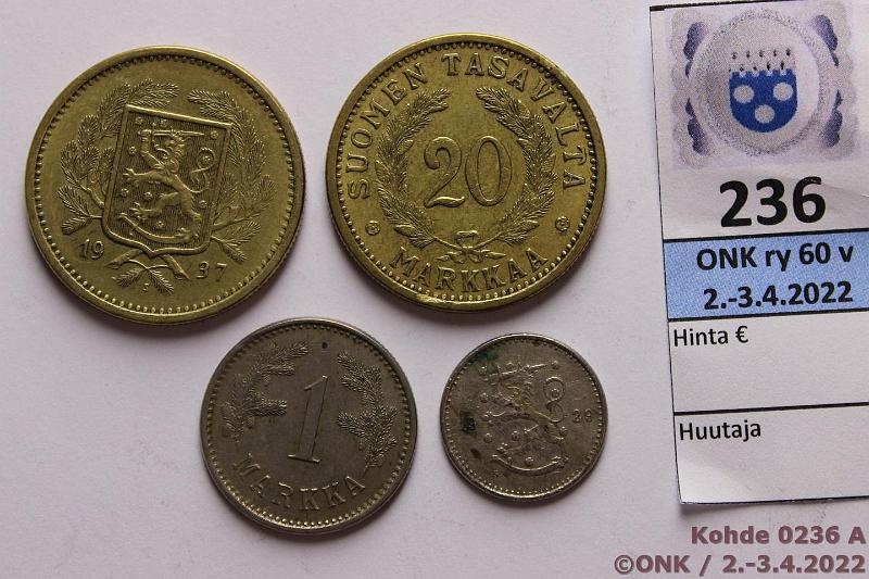 k-0236-a.jpg - Kohde 236, lhthinta: 10 € / myyntihinta: 10 € 50 p - 20 mk 1923-37 (4) 50p 1929; 1mk -23(kl 6); 20mk -34, -37. Hankalampia vuosia, kunto: 5-6