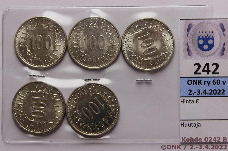 k-0242-b.jpg - Kohde 242 (kuva 2/2), lhthinta: 30 € / myyntihinta: 46 € 100 mk 1956-60 (5) Ag, kaikki v:t, kunto: 8-9