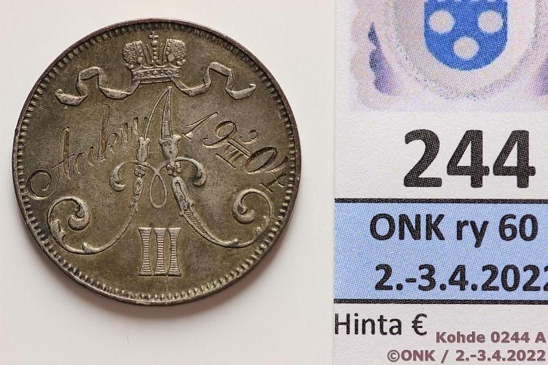 k-0244-a.jpg - Kohde 244 (kuva 1/2), lhthinta: 5 € / myyntihinta: 13 € 5 p 1892 Hopeoitu ja takana kaiverrus Aaku 9/VII 1904, kunto: 6