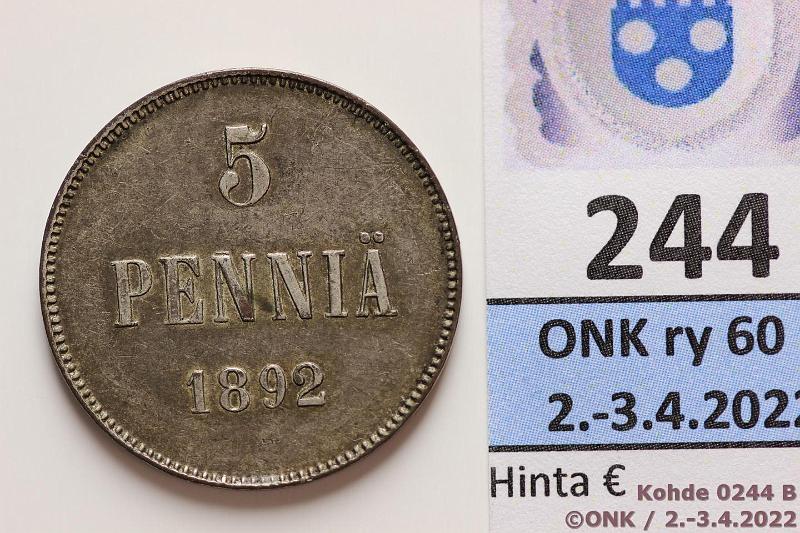 k-0244-b.jpg - Kohde 244 (kuva 2/2), lhthinta: 5 € / myyntihinta: 13 € 5 p 1892 Hopeoitu ja takana kaiverrus Aaku 9/VII 1904, kunto: 6