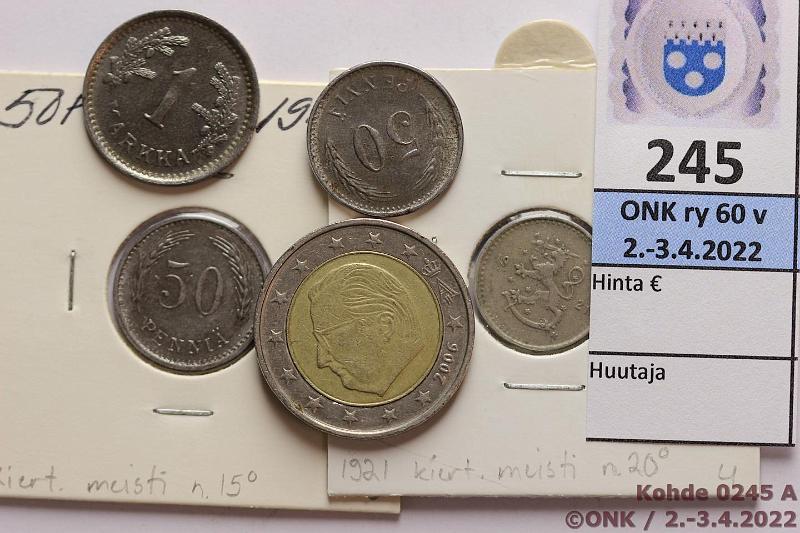 k-0245-a.jpg - Kohde 245, lhthinta: 10 € / myyntihinta: 22 € 25 p - 2 € 1921-2006 (5) Kiertynyt meisti: 25p 1921 (20); 50p 1945(12 ja 15); 1mk 1950 (10); 2€ Belgia 2006 (20), kunto: 4-6