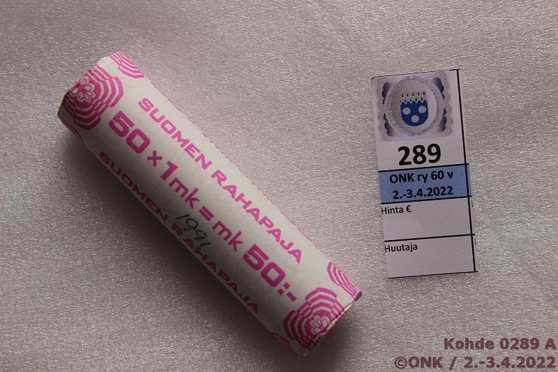 k-0289-a.jpg - Kohde 289, lhthinta: 10 € / myyntihinta: 18 € 1 mk 1991 Rp rulla, sokko, km 1991, pdyss painumaa, kunto: 9
