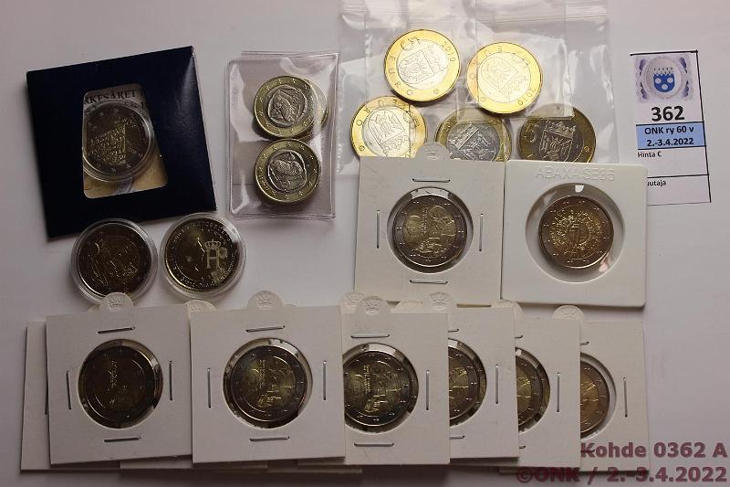 k-0362-a.jpg - Kohde 362, lhthinta: 65 € / myyntihinta: 71 € 1 - 5 € 2003-12 (27) 1€ 2003 Kreikka(4); 2€ juhla Luxemburg 2004, Suomi 2009 ja 2010 proof, Hollanti 2011(14), Slovenia 2012; 5€ maakuntaraha 2010(5). Nimellisarvo 65€, kunto: 9-10