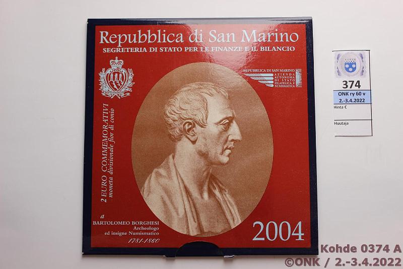 k-0374-a.jpg - Kohde 374 (kuva 1/2), lhthinta: 75 € / myyntihinta: 105 € 2 € erikoislynti 2004 San Marino, Bartolomeo Borghesi, kansio, kunto: 9