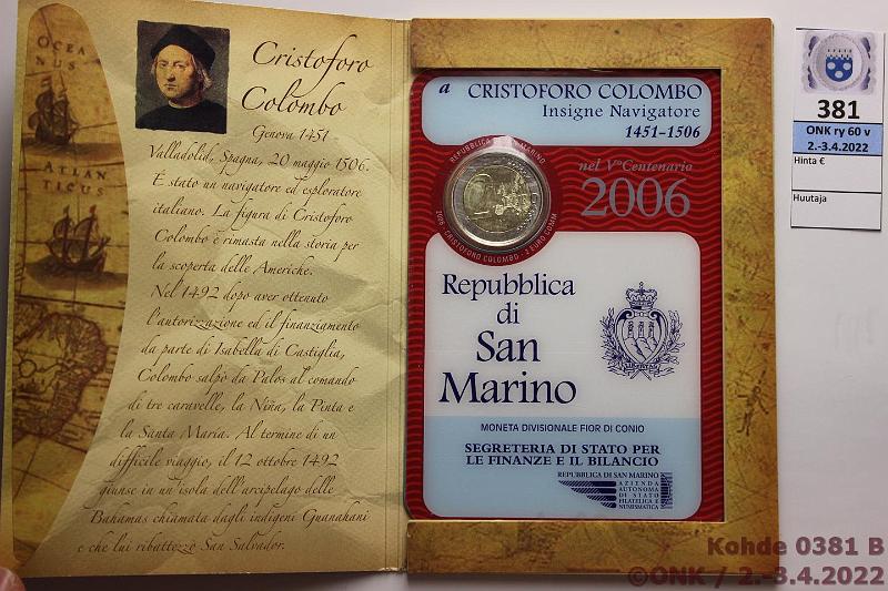 k-0381-b.jpg - Kohde 381 (kuva 2/2), lähtöhinta: 40 € / myyntihinta: 85 € 2 € erikoislyönti 2006 San Marino, Kristoffer Kolumbus 1451-1506, kansio, kunto: 9