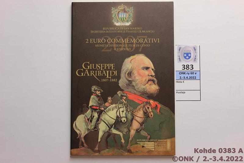 k-0383-a.jpg - Kohde 383 (kuva 1/2), lhthinta: 20 € / myyntihinta: 40 € 2 € erikoislynti 2007 San Marino, Garibaldi 200 v, kansio, kunto: 9