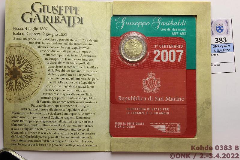 k-0383-b.jpg - Kohde 383 (kuva 2/2), lähtöhinta: 20 € / myyntihinta: 40 € 2 € erikoislyönti 2007 San Marino, Garibaldi 200 v, kansio, kunto: 9