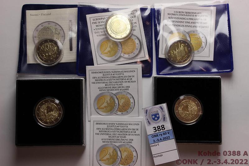 k-0388-a.jpg - Kohde 388, lhthinta: 18 € / myyntihinta: 18 € 2 € erikoislynti 2007-11 (5) Proof, Suomi. 2007 Itsenisyys, -08 Ihmisoikeudet, -09 EMU, -10 Suomen raha, -11 Suomen pankki. Kotelot, tod, kunto: 10