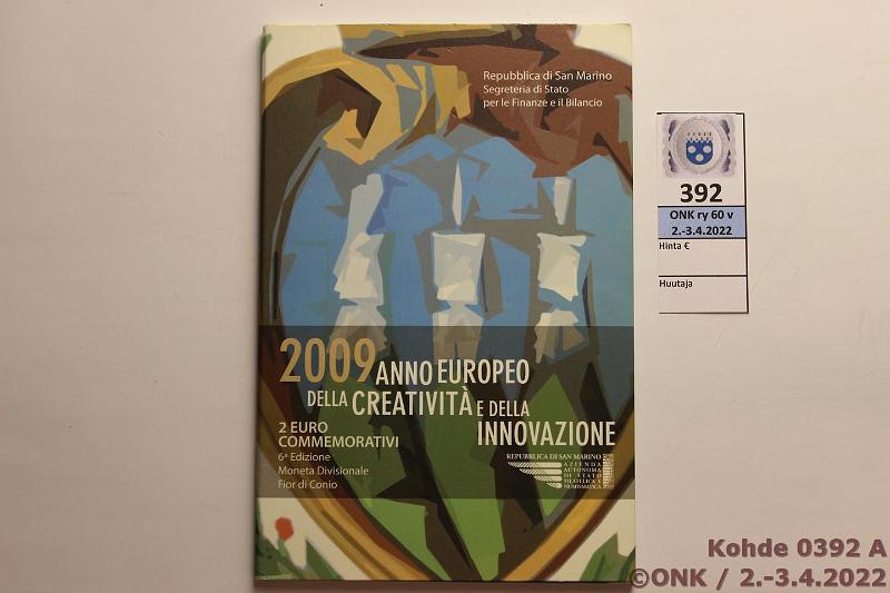 k-0392-a.jpg - Kohde 392 (kuva 1/2), lähtöhinta: 15 € / myyntihinta: 19 € 2 € erikoislyönti 2009 San Marino, Euroopan luovuus ja innovatiivisuus, kansio, kunto: 9
