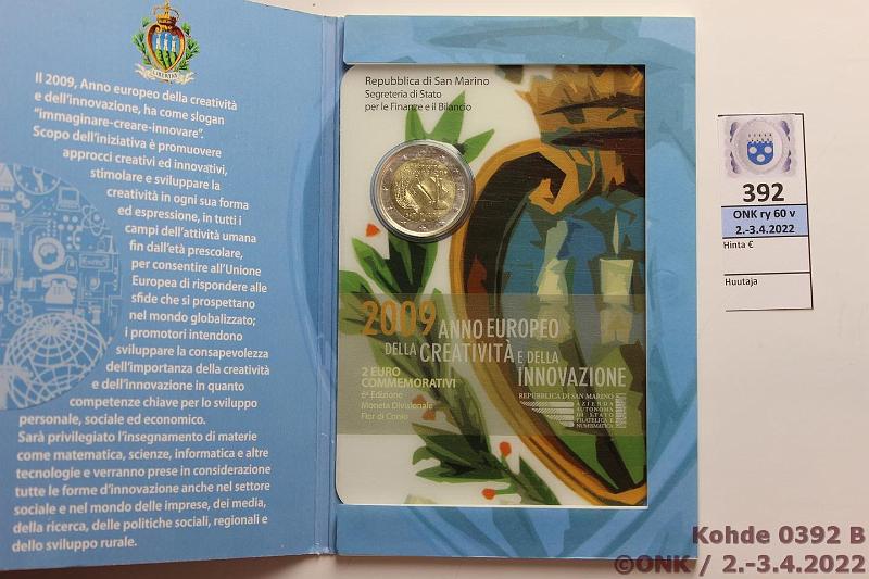 k-0392-b.jpg - Kohde 392 (kuva 2/2), lhthinta: 15 € / myyntihinta: 19 € 2 € erikoislynti 2009 San Marino, Euroopan luovuus ja innovatiivisuus, kansio, kunto: 9