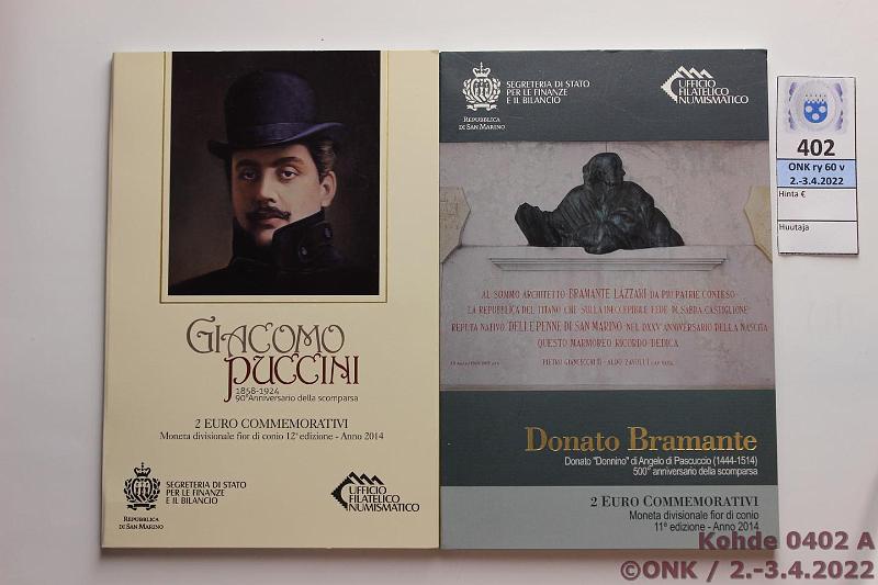 k-0402-a.jpg - Kohde 402 (kuva 1/3), lhthinta: 20 € / myyntihinta: 34 € 2 € erikoislynti 2014 San Marino, Giacomo Puccini ja Donato Bramante, kansiot, kunto: 9