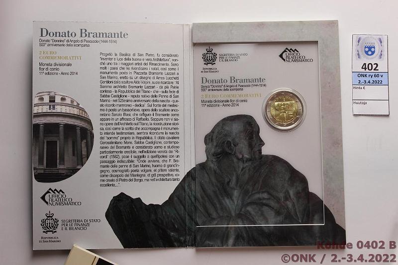 k-0402-b.jpg - Kohde 402 (kuva 2/3), lhthinta: 20 € / myyntihinta: 34 € 2 € erikoislynti 2014 San Marino, Giacomo Puccini ja Donato Bramante, kansiot, kunto: 9