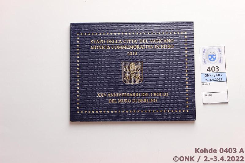 k-0403-a.jpg - Kohde 403 (kuva 1/2), lhthinta: 20 € / myyntihinta: 20 € 2 € erikoislynti 2014 Vatikaani, Berliinin muurin murtumisesta 25 v, kansio, kunto: 9