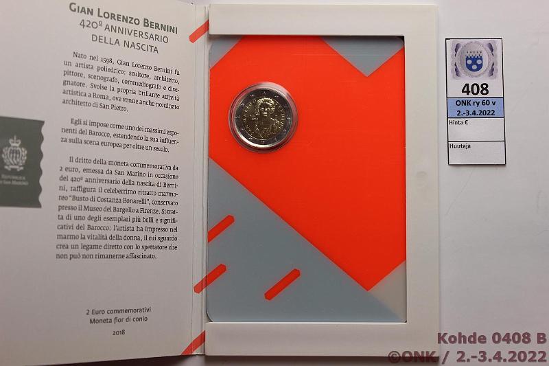 k-0408-b.jpg - Kohde 408 (kuva 2/2), lhthinta: 10 € / myyntihinta: 20 € 2 € erikoislynti 2018 San Marino, Gian Lorenzo Bernini 420 v, kansio, kunto: 9
