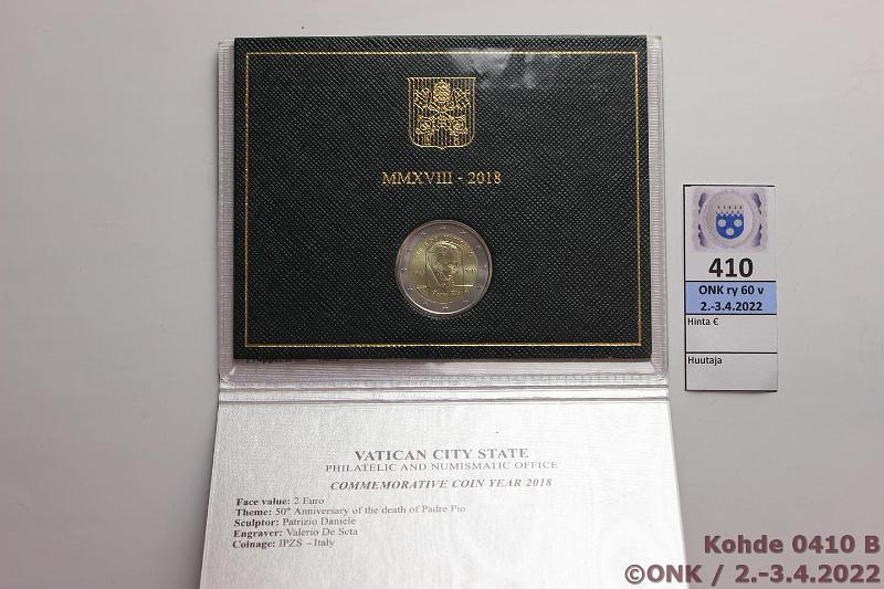 k-0410-b.jpg - Kohde 410 (kuva 2/2), lhthinta: 10 € / myyntihinta: 24 € 2 € erikoislynti 2018 Vatikaani, Padre Pio, kunto: 9