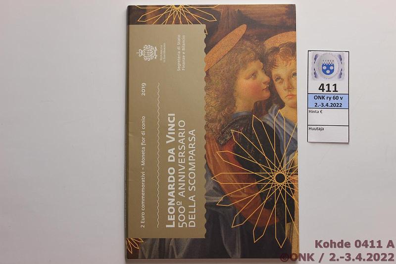 k-0411-a.jpg - Kohde 411 (kuva 1/2), lähtöhinta: 15 € / myyntihinta: 32 € 2 € erikoislyönti 2019 San Marino, Leonardo da Vinci, kansio, kunto: 9