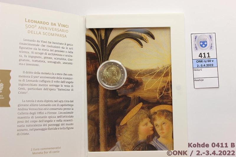 k-0411-b.jpg - Kohde 411 (kuva 2/2), lähtöhinta: 15 € / myyntihinta: 32 € 2 € erikoislyönti 2019 San Marino, Leonardo da Vinci, kansio, kunto: 9