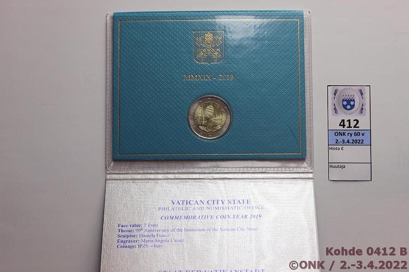k-0412-b.jpg - Kohde 412 (kuva 2/2), lhthinta: 10 € / myyntihinta: 26 € 2 € erikoislynti 2019 Vatikaani, Vatikaanin itsenisyys 90 v, kansio, kunto: 9