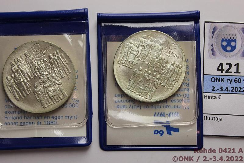 k-0421-a.jpg - Kohde 421, lhthinta: 18 € / myyntihinta: 18 € 10 mk 1977 (2) Ag, SNY 664.1+2, Itsenisyys, molemmat variantit, raskaana ja tavallinen, kunto: 9