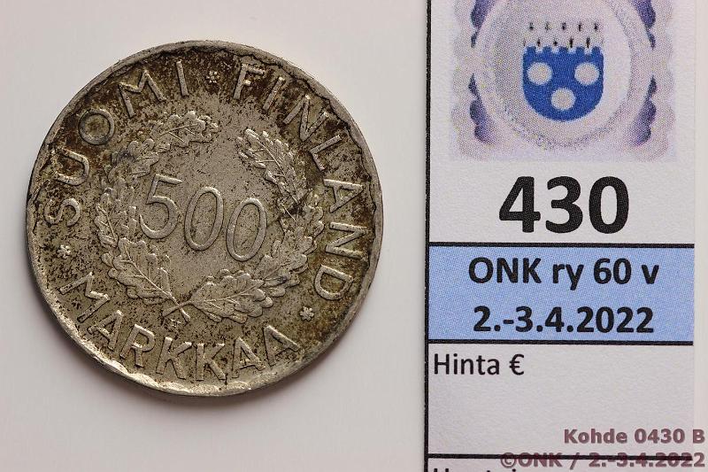 k-0430-b.jpg - Kohde 430 (kuva 2/2), lhthinta: 80 € / myyntihinta: 100 € 500 mk 1951 Ag, likaa, hom., kunto: 6