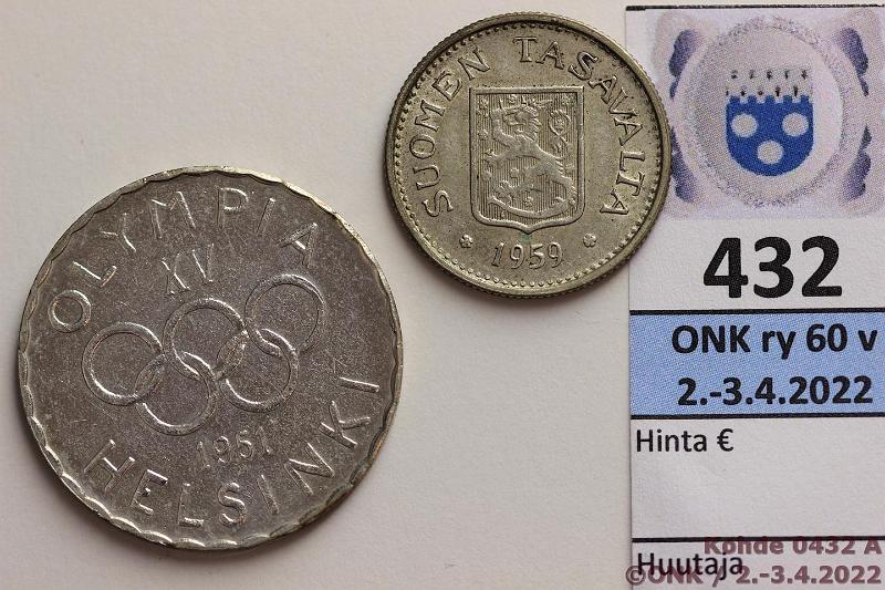 k-0432-a.jpg - Kohde 432 (kuva 1/2), lhthinta: 100 € / myyntihinta: 130 € 500 + 100 mk 1951, -59 Ag, 500mk -51; 100mk -59, kunto: 8, 5