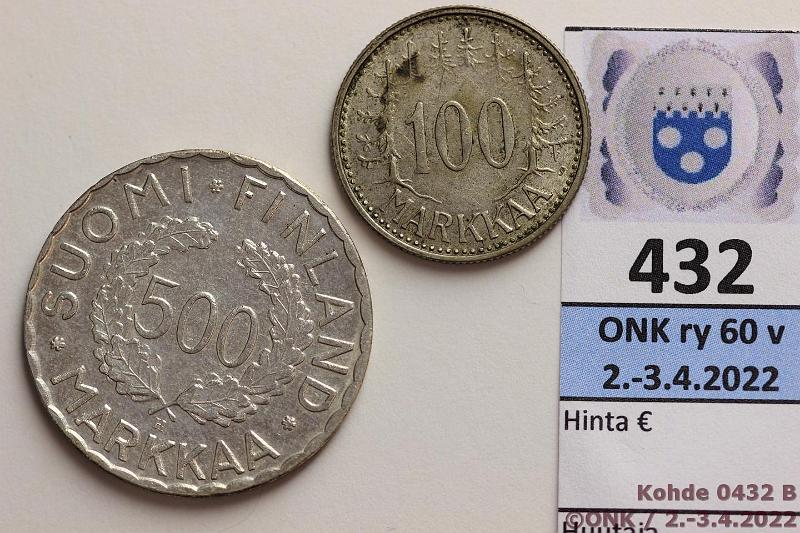 k-0432-b.jpg - Kohde 432 (kuva 2/2), lhthinta: 100 € / myyntihinta: 130 € 500 + 100 mk 1951, -59 Ag, 500mk -51; 100mk -59, kunto: 8, 5