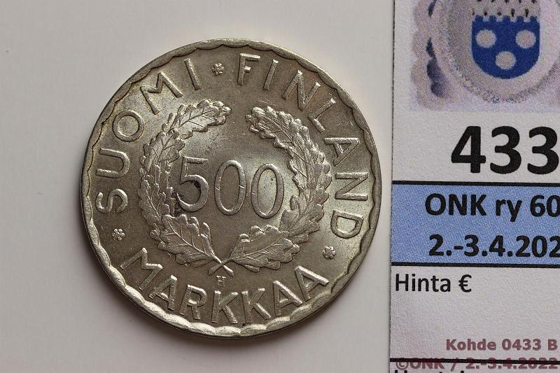 k-0433-b.jpg - Kohde 433 (kuva 2/2), lhthinta: 10 € / myyntihinta: 10 € 500 mk 1952 Ag, likapiste, kunto: 9
