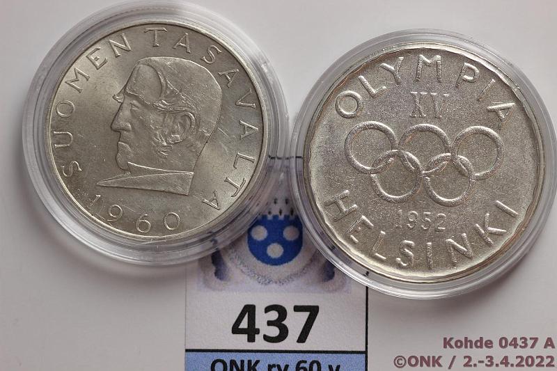 k-0437-a.jpg - Kohde 437 (kuva 1/2), lhthinta: 15 € / myyntihinta: 21 € 500 + 1000 mk 1952, -60 Ag, kunto: 8, 9