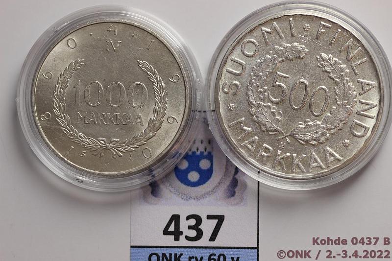 k-0437-b.jpg - Kohde 437 (kuva 2/2), lhthinta: 15 € / myyntihinta: 21 € 500 + 1000 mk 1952, -60 Ag, kunto: 8, 9