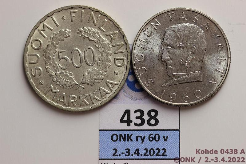k-0438-a.jpg - Kohde 438 (kuva 1/2), lhthinta: 15 € / myyntihinta: 15 € 500 + 1000 mk 1952, -60 Ag, kunto: 7, 8