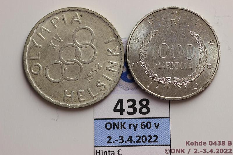 k-0438-b.jpg - Kohde 438 (kuva 2/2), lhthinta: 15 € / myyntihinta: 15 € 500 + 1000 mk 1952, -60 Ag, kunto: 7, 8