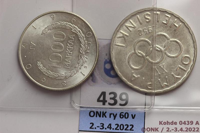 k-0439-a.jpg - Kohde 439 (kuva 1/2), lhthinta: 20 € / myyntihinta: 27 € 500 + 1000 mk 1952, -60 Ag, -60 hnja, loisteliaat!, kunto: 9