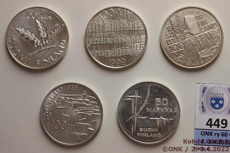 k-0449-b.jpg - Kohde 449 (kuva 2/2), lhthinta: 40 € / myyntihinta: 48 € 50 + 100 mk 1982-99 (5) Ag, 50mk -82 MM; 100mk -95 YK, -98 Suomenlinna + Aalto, -99 Sibelius, kunto: 8-9