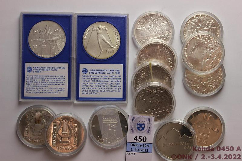 k-0450-a.jpg - Kohde 450, lhthinta: 95 € / myyntihinta: 152 € 100 mk 1989-92 (14) Ag, -89 Lahti, kapselit (2, tekstit Suomi-Ruotsi ja Suomi-Venj), -90 Veljesliitto(3) + Yliopisto(2), -91 land + MM(2), -92 Itsenisyys(4). Osassa kapselissa vikoja, kunto: 9