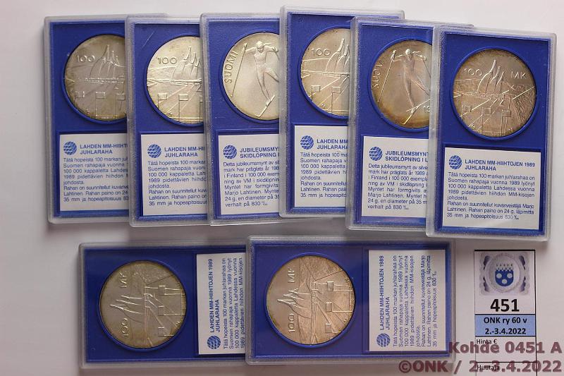 k-0451-a.jpg - Kohde 451 (kuva 1/2), lhthinta: 250 € / myyntihinta: 365 € 100 mk 1989-91 (32) Ag, yht. 768g/830, -89 Lahti(8) + Ateneum(4), -90 HY(6) + Sotainv(7), -91 MM(7). Kapselit, kunto: 9