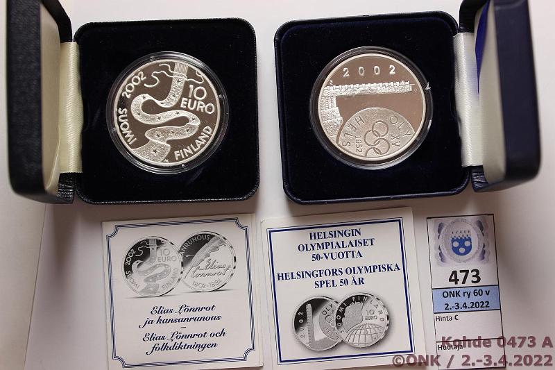 k-0473-a.jpg - Kohde 473, lhthinta: 24 € / myyntihinta: 24 € 10 € 2002 (2) Ag, Proof, Olympia ja Lnnrot, kotelot, tod, kunto: 10