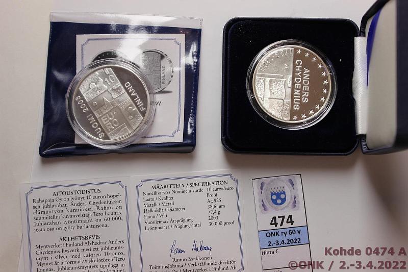 k-0474-a.jpg - Kohde 474, lhthinta: 24 € / myyntihinta: 24 € 10 € 2003 (2) Ag, Proof, Chydenius, kaps. ja tod, toisessa kotelo, toisessa tasku, mol. pient tummumaa, kunto: 10