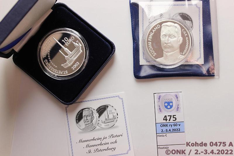 k-0475-a.jpg - Kohde 475, lhthinta: 24 € / myyntihinta: 29 € 10 € 2003 (2) Ag, Proof, Mannerheim, kaps. ja tod, toisessa kotelo, toisessa tasku. Toisessa pient tummumaa, kunto: 10