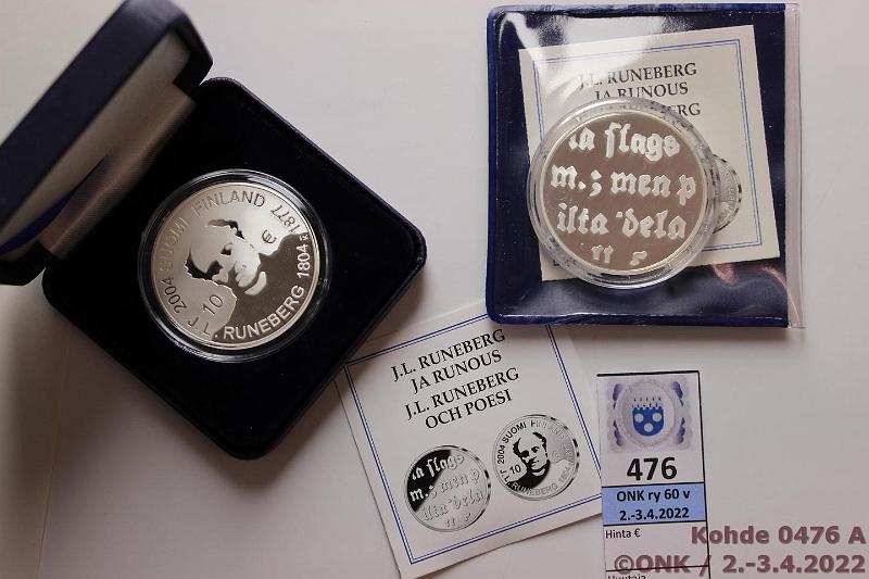 k-0476-a.jpg - Kohde 476, lhthinta: 24 € / myyntihinta: 24 € 10 € 2004 (2) Ag, Proof, Runeberg, kaps. ja tod, toisessa kotelo, toisessa tasku, kunto: 10