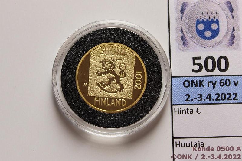 k-0500-a.jpg - Kohde 500 (kuva 1/2), lhthinta: 220 € / myyntihinta: 335 € 1 mk 2001 Au, Proof, 8,6g/750, Viimeinen markka, kapseli, kunto: 10