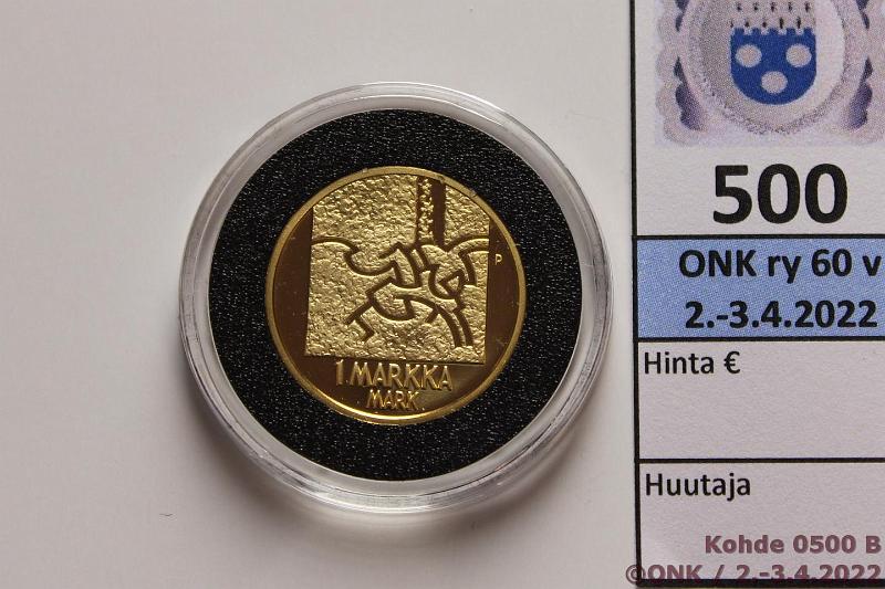 k-0500-b.jpg - Kohde 500 (kuva 2/2), lhthinta: 220 € / myyntihinta: 335 € 1 mk 2001 Au, Proof, 8,6g/750, Viimeinen markka, kapseli, kunto: 10