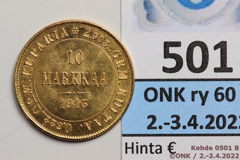 k-0501-b.jpg - Kohde 501 (kuva 2/2), lhthinta: 200 € / myyntihinta: 290 € 10 mk 1913 Au, hnja, kunto: 9