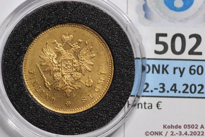 k-0502-a.jpg - Kohde 502 (kuva 1/2), lhthinta: 280 € / myyntihinta: 440 € 20 mk 1913 Au, hnja, kapseli, kunto: 9