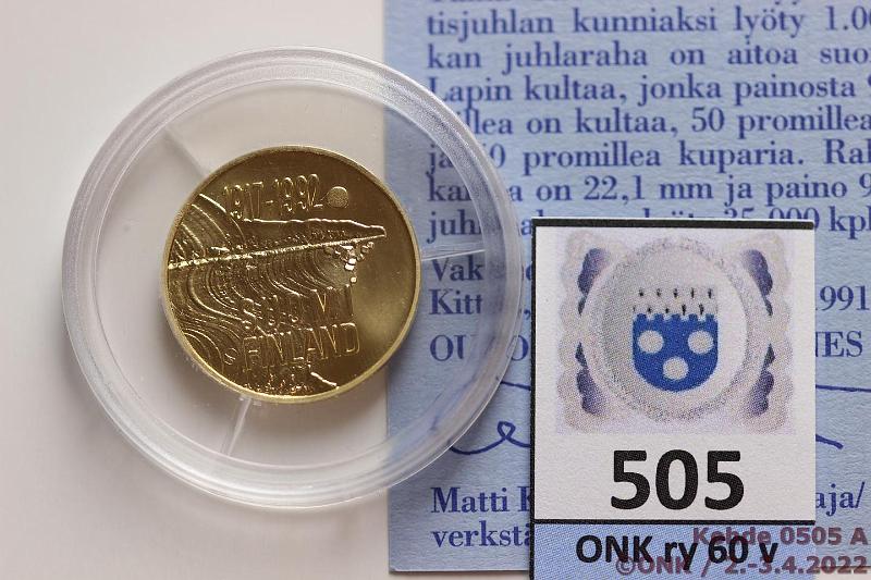 k-0505-a.jpg - Kohde 505 (kuva 1/2), lhthinta: 290 € / myyntihinta: 425 € 1000 mk 1992 Au, Proof, 9g/900, Itsenisyys 75 v, kotelo, tod, kunto: 10