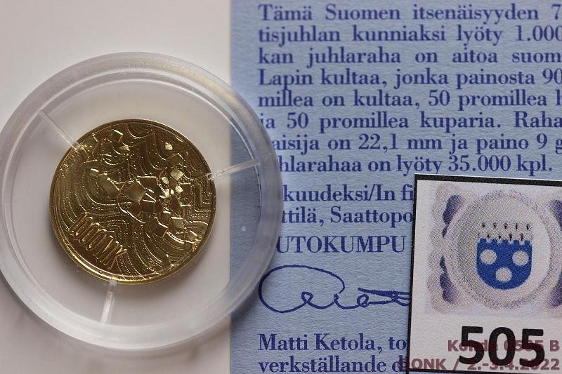 k-0505-b.jpg - Kohde 505 (kuva 2/2), lhthinta: 290 € / myyntihinta: 425 € 1000 mk 1992 Au, Proof, 9g/900, Itsenisyys 75 v, kotelo, tod, kunto: 10