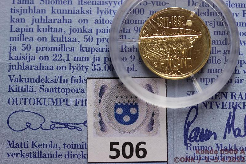 k-0506-a.jpg - Kohde 506 (kuva 1/2), lhthinta: 290 € / myyntihinta: 425 € 1000 mk 1992 Au, Proof, 9g/900, Itsenisyys 75 v, kotelo, tod, kunto: 10