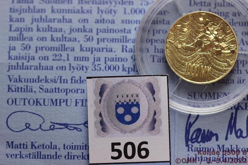 k-0506-b.jpg - Kohde 506 (kuva 2/2), lhthinta: 290 € / myyntihinta: 425 € 1000 mk 1992 Au, Proof, 9g/900, Itsenisyys 75 v, kotelo, tod, kunto: 10