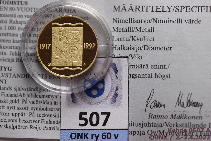 k-0507-a.jpg - Kohde 507 (kuva 1/2), lhthinta: 280 € / myyntihinta: 414 € 1000 mk 1997 Au, Proof, 8,64g/900, Itsenisyys 80 v, kotelo, tod, kunto: 10